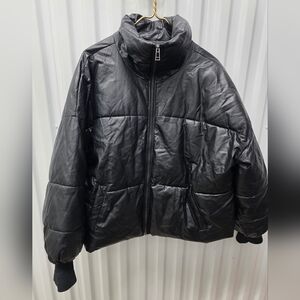 Eloquii Black Quilted Faux-Leather Bomber Jacket
